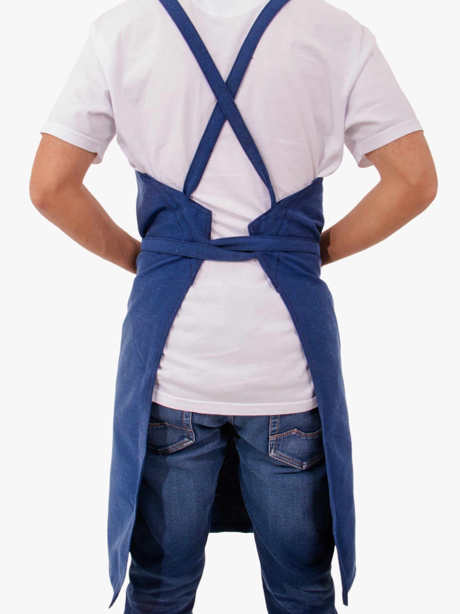 Blueberry Blue Morada apron showing cross-back straps