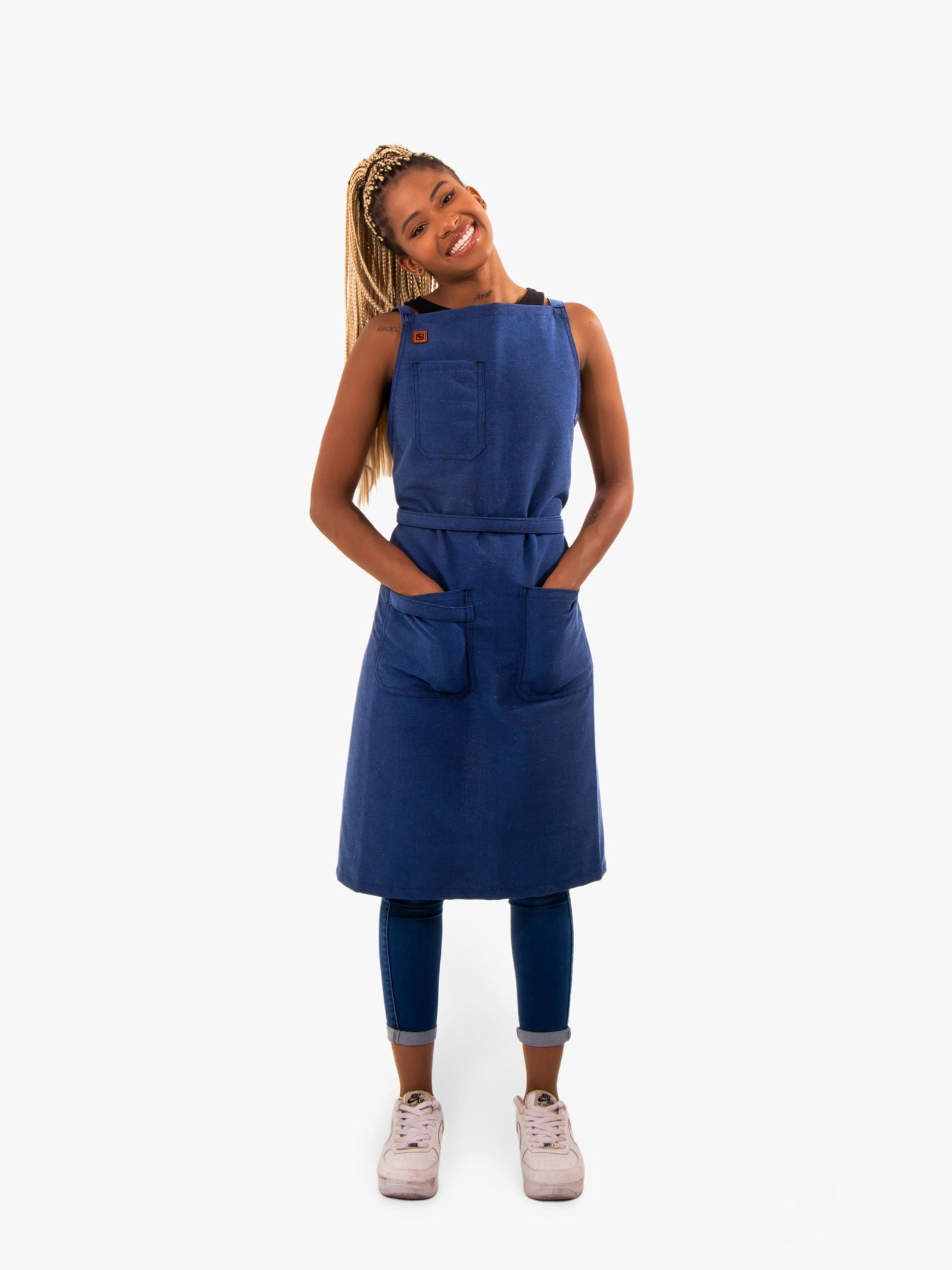 Blueberry Blue Morada apron worn from the front
