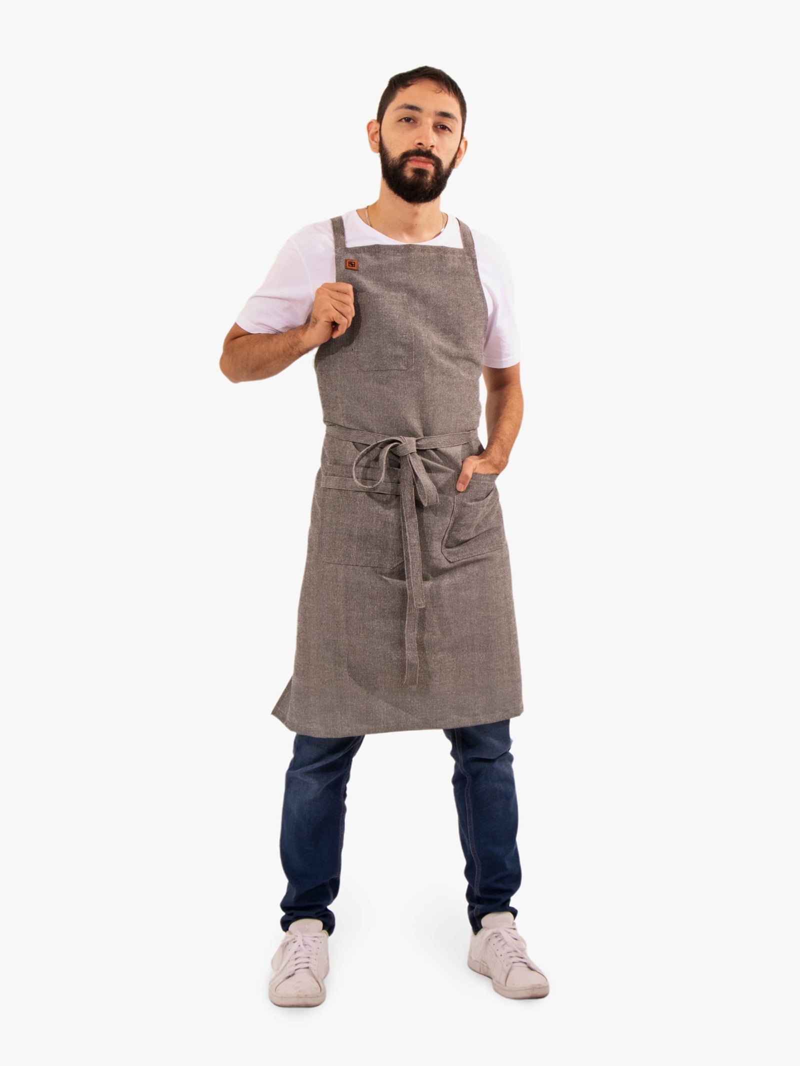 Dragonfruit Grey Morada apron worn from the front