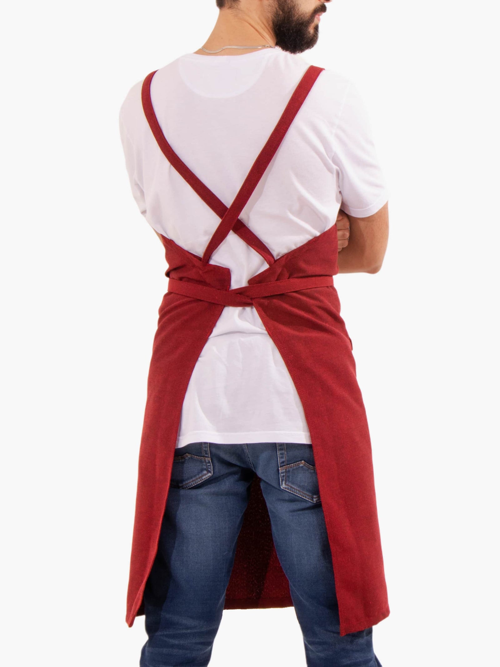 Cherry Red Morada apron showing cross-back straps