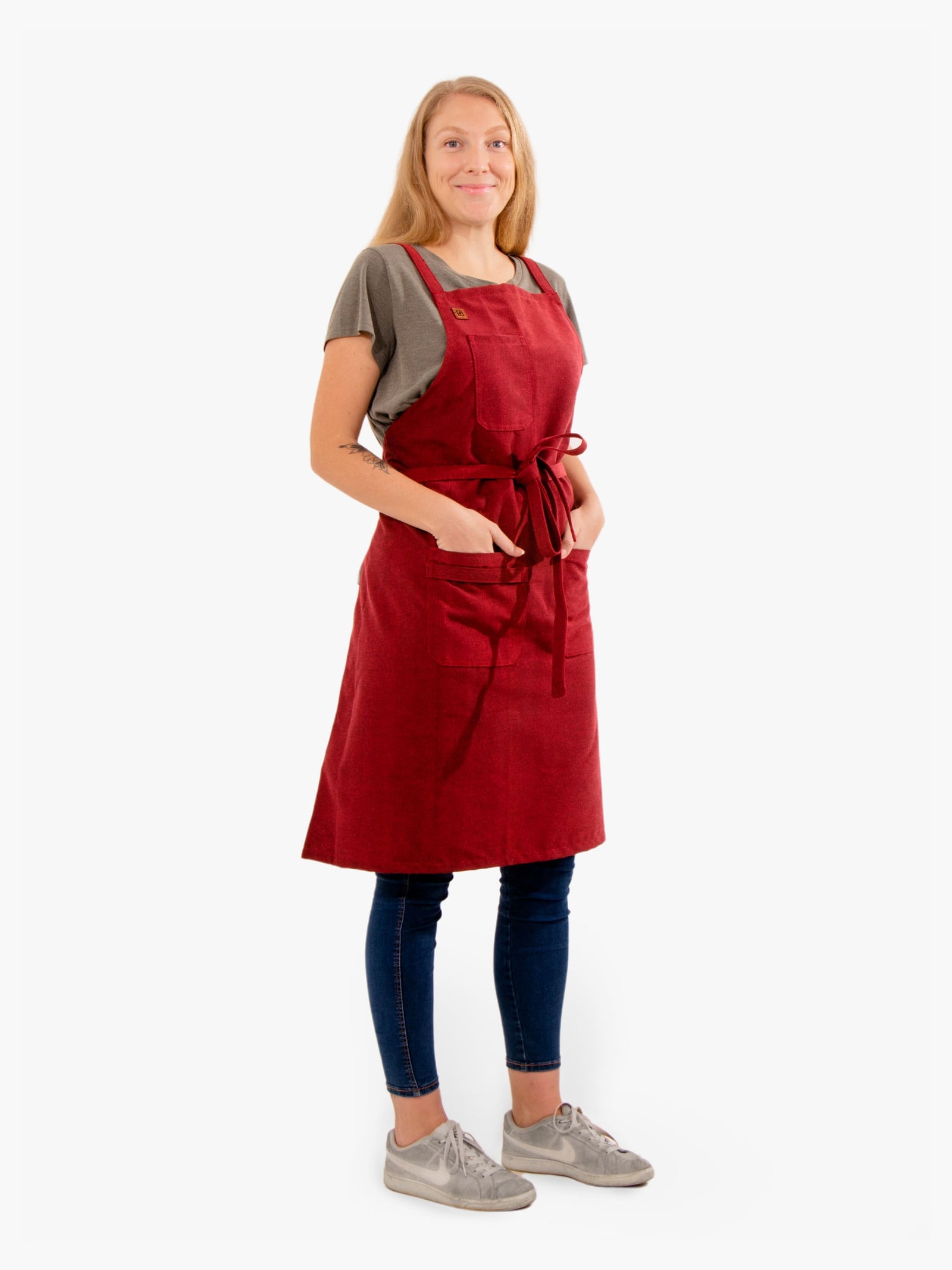 Cherry Red Morada apron worn from the front